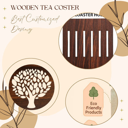 Wooden Round Coaster Set with Geometric Floral Cutwork – Dark Walnut Finish