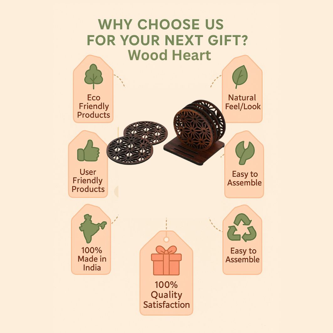 Wooden Round Coaster Set with Geometric Floral Cutwork – Dark Walnut Finish