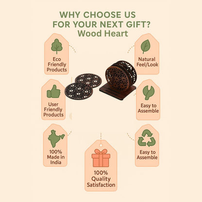 Wooden Round Coaster Set with Geometric Floral Cutwork – Dark Walnut Finish