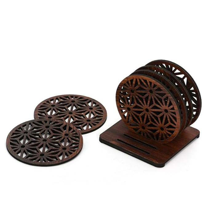 Wooden Round Coaster Set with Geometric Floral Cutwork – Dark Walnut Finish