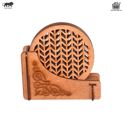 Wooden Round Coaster Set with Chevron Cutwork and Artistic Holder – Natural Finish