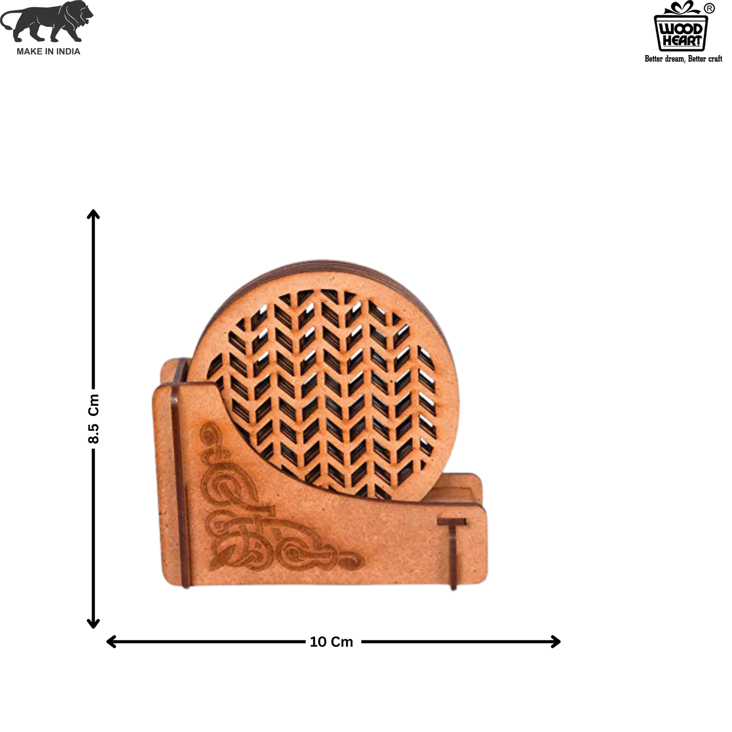 Wooden Round Coaster Set with Chevron Cutwork and Artistic Holder – Natural Finish