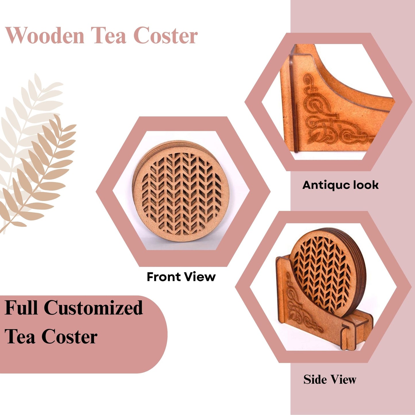 Wooden Round Coaster Set with Chevron Cutwork and Artistic Holder – Natural Finish