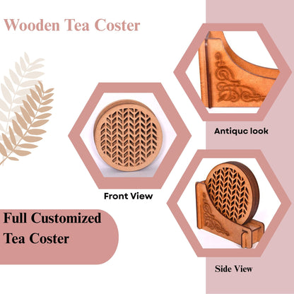 Wooden Round Coaster Set with Chevron Cutwork and Artistic Holder – Natural Finish