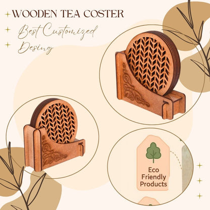 Wooden Round Coaster Set with Chevron Cutwork and Artistic Holder – Natural Finish