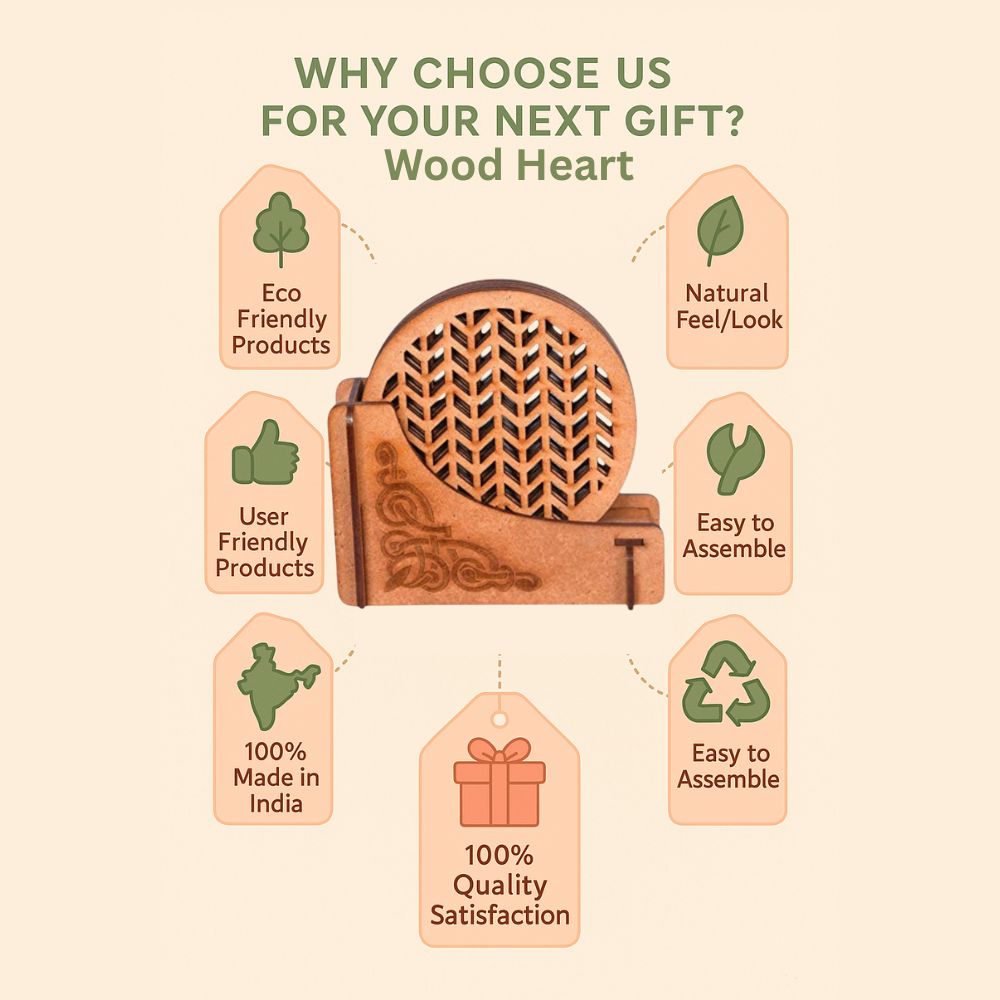 Wooden Round Coaster Set with Chevron Cutwork and Artistic Holder – Natural Finish