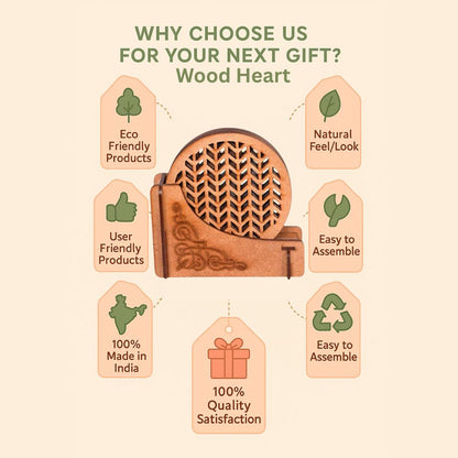 Wooden Round Coaster Set with Chevron Cutwork and Artistic Holder – Natural Finish