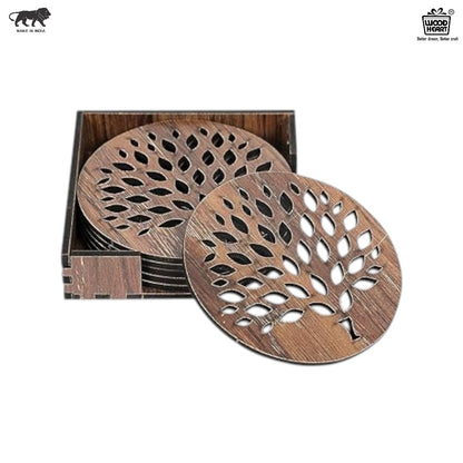 Wooden Round Coaster Set with Tree of Life Cutwork Design
