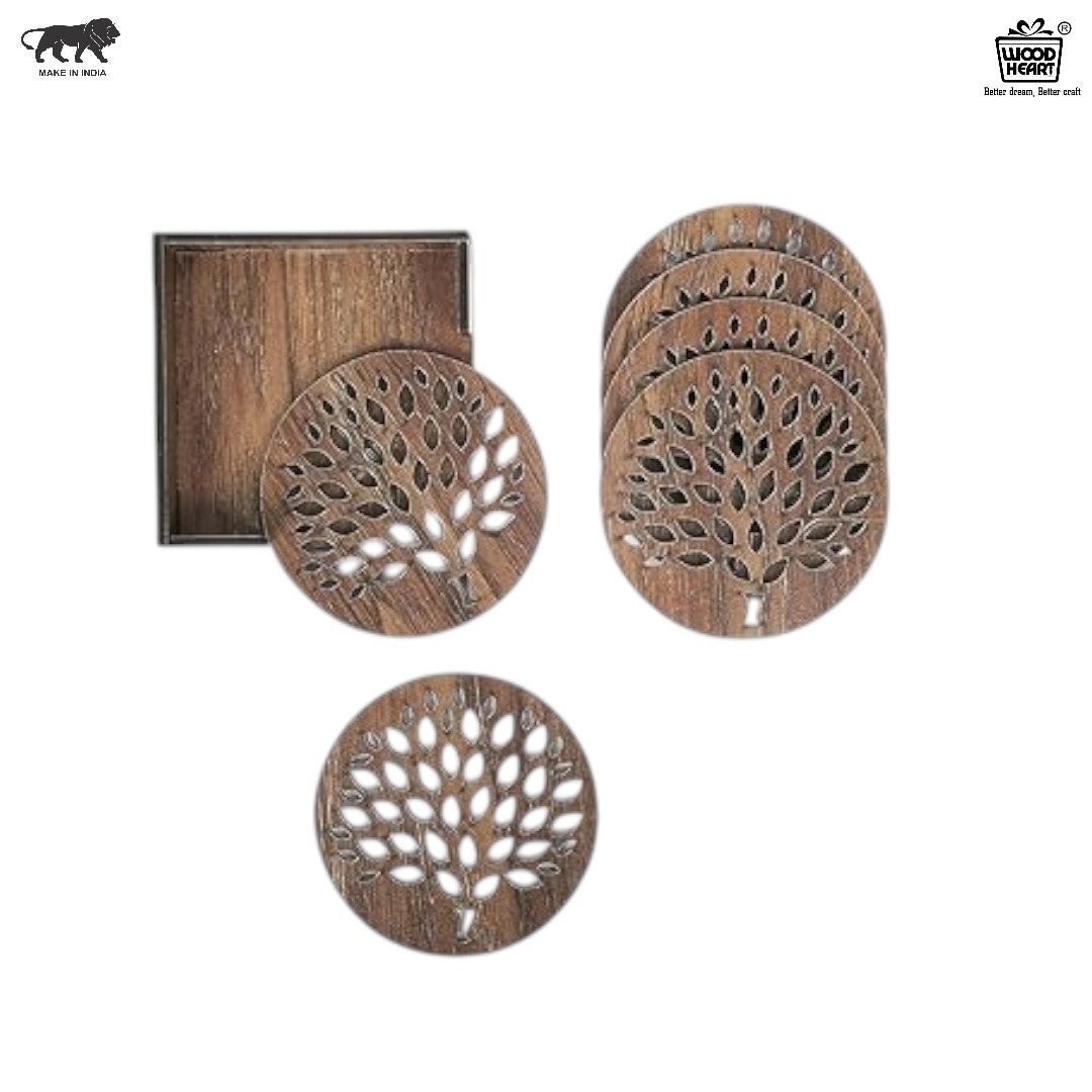 Wooden Round Coaster Set with Tree of Life Cutwork Design