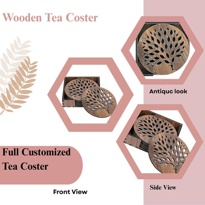 Wooden Round Coaster Set with Tree of Life Cutwork Design