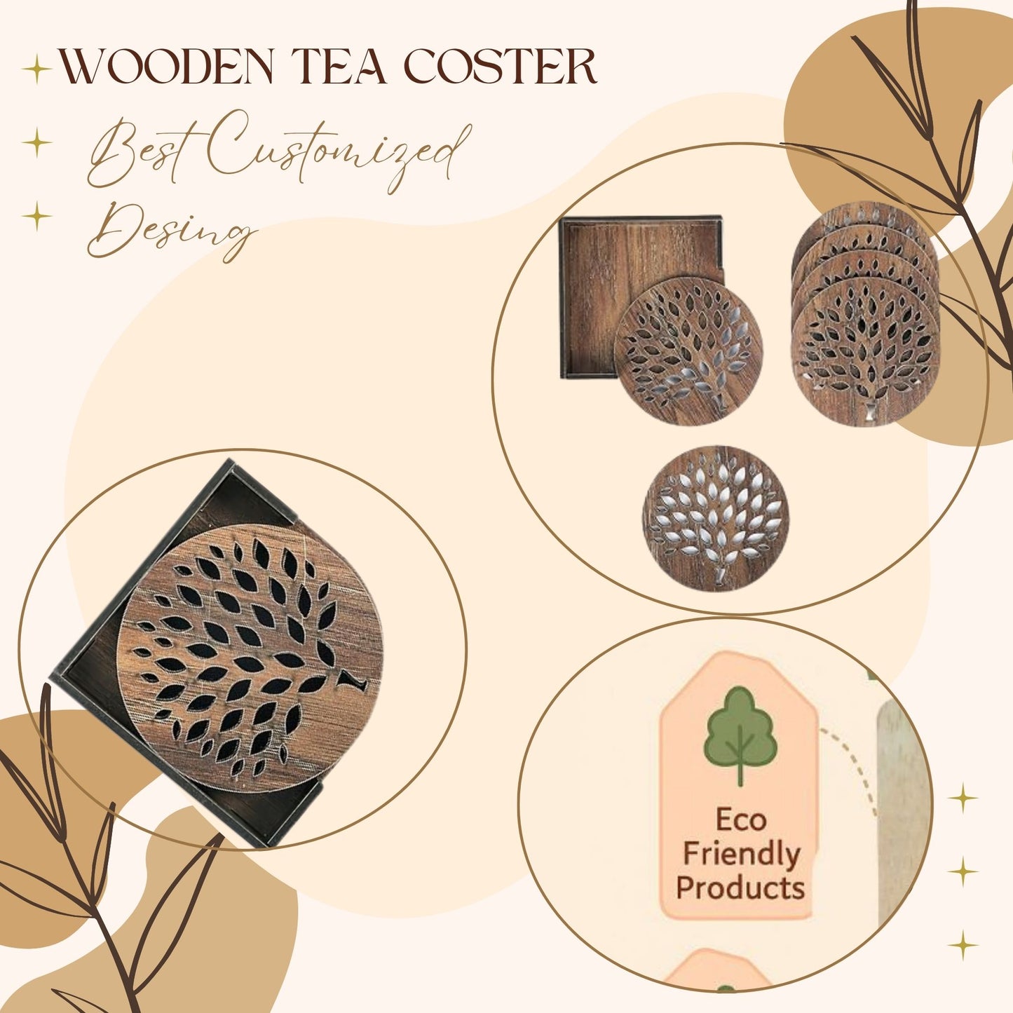 Wooden Round Coaster Set with Tree of Life Cutwork Design