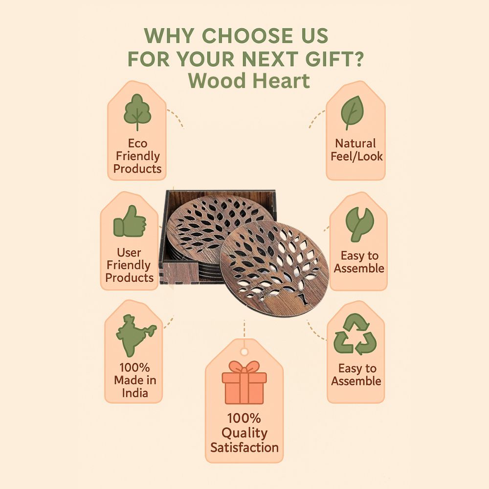 Wooden Round Coaster Set with Tree of Life Cutwork Design