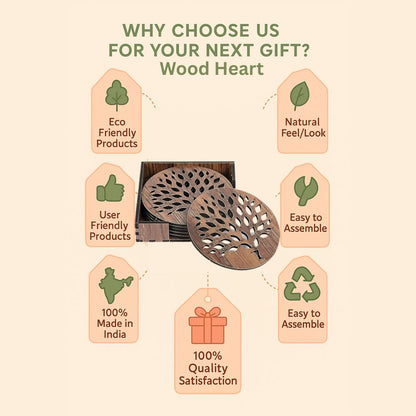 Wooden Round Coaster Set with Tree of Life Cutwork Design