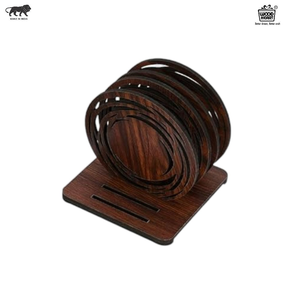 Wooden Round Coaster Set with Modern Cut Ring Design & Stand