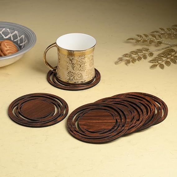 Wooden Round Coaster Set with Modern Cut Ring Design & Stand