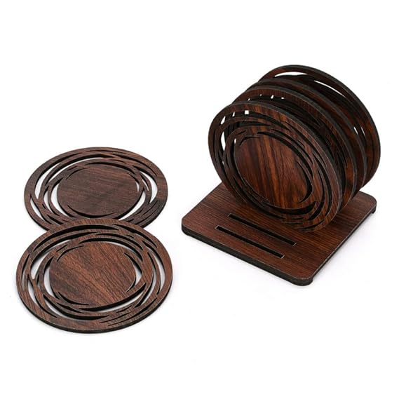 Wooden Round Coaster Set with Modern Cut Ring Design & Stand