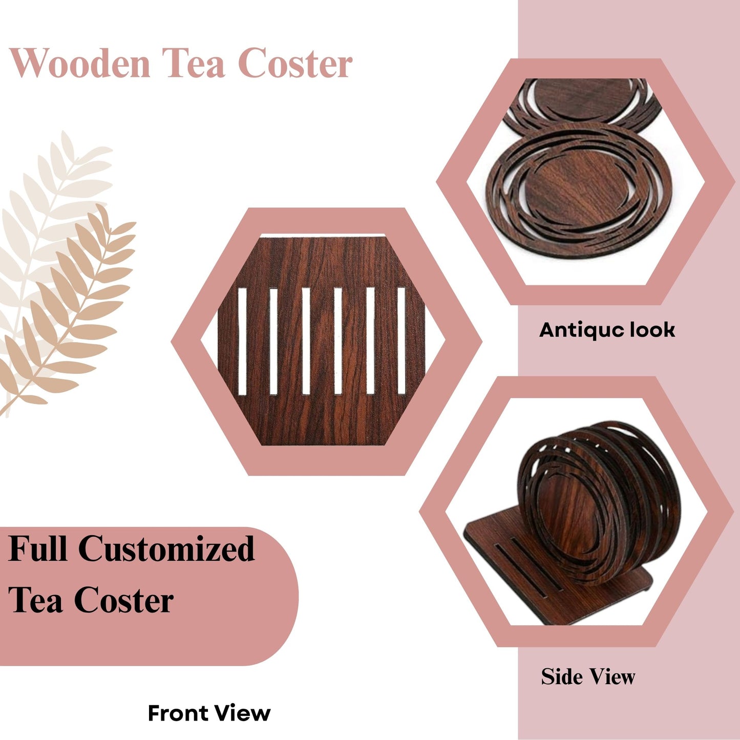 Wooden Round Coaster Set with Modern Cut Ring Design & Stand