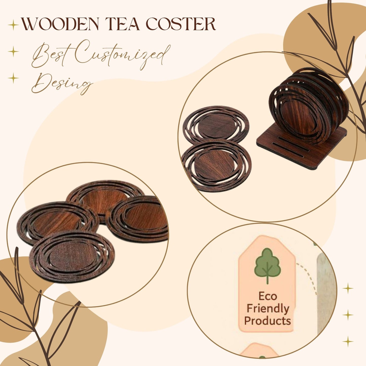 Wooden Round Coaster Set with Modern Cut Ring Design & Stand