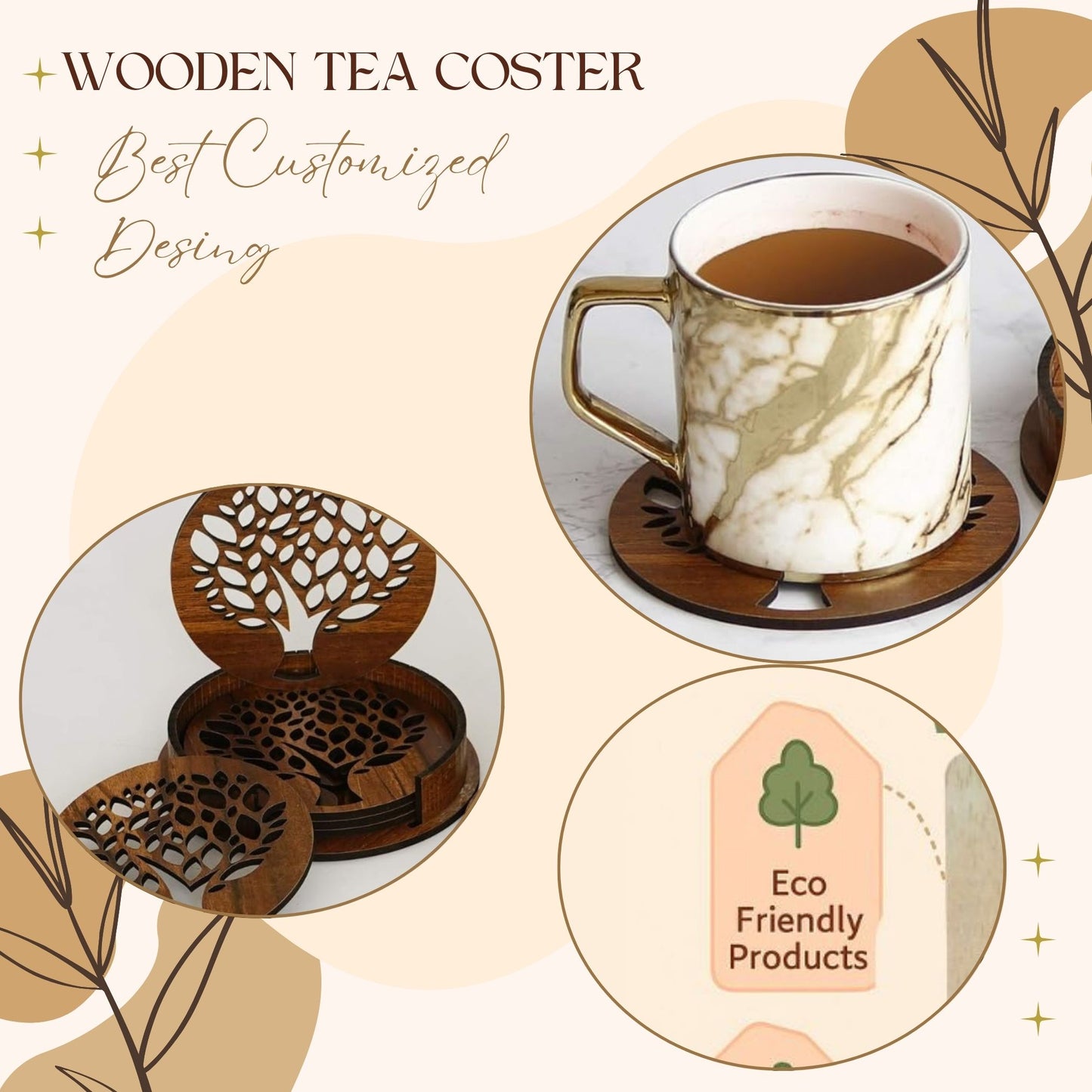 Wooden Round Coaster with Tree of Life Cutwork Design