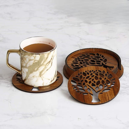 Wooden Round Coaster with Tree of Life Cutwork Design