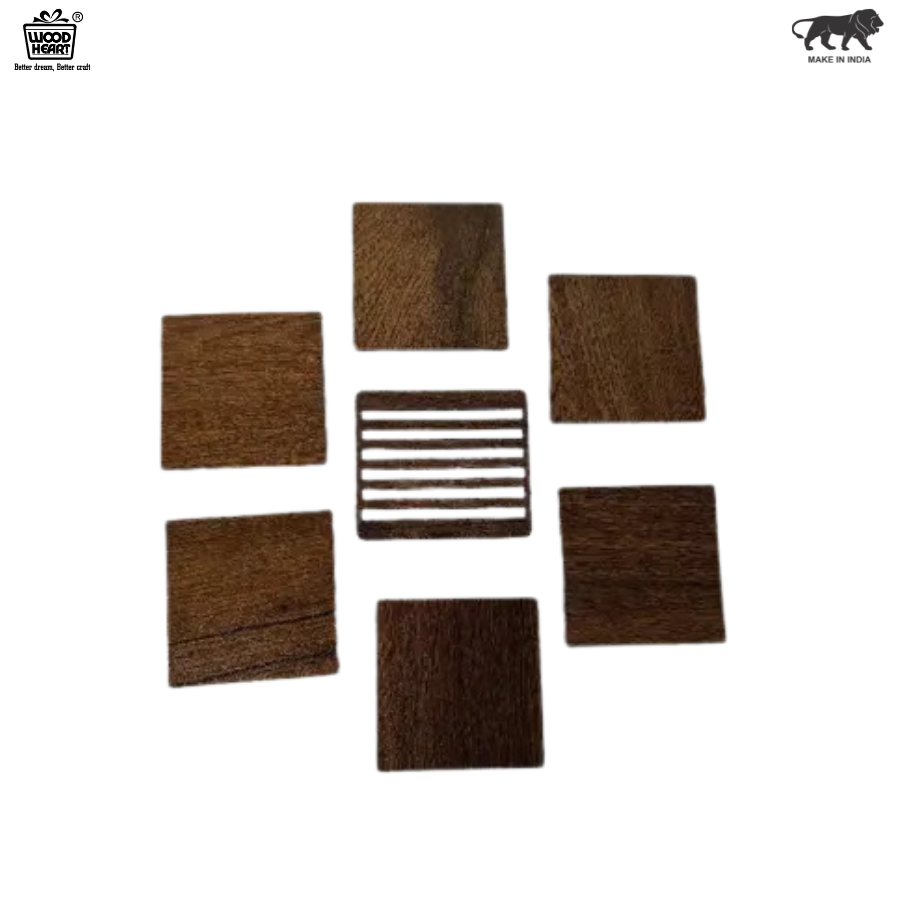 Square Wooden Coaster Set with Holder – 6 Pieces