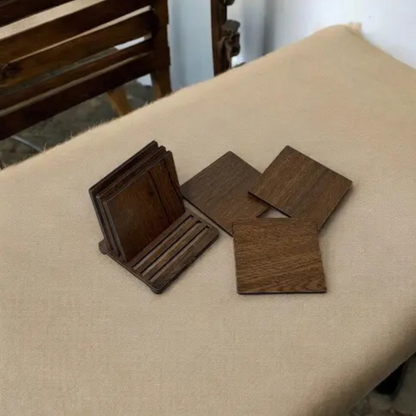 Square Wooden Coaster Set with Holder – 6 Pieces