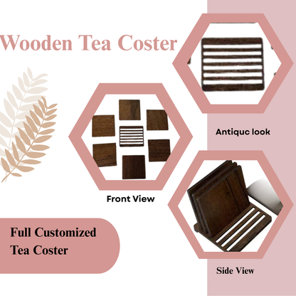 Square Wooden Coaster Set with Holder – 6 Pieces