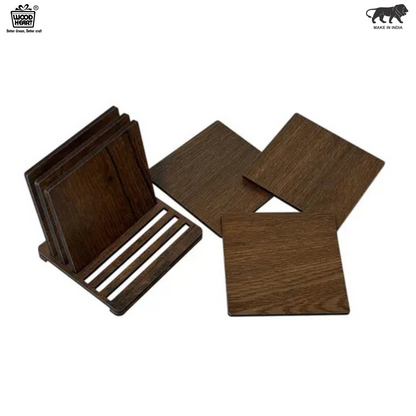 Square Wooden Coaster Set with Holder – 6 Pieces