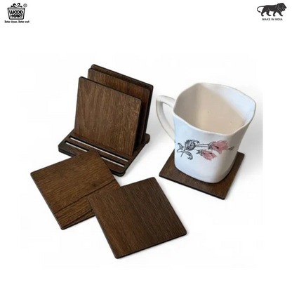 Square Wooden Coaster Set with Holder – 6 Pieces