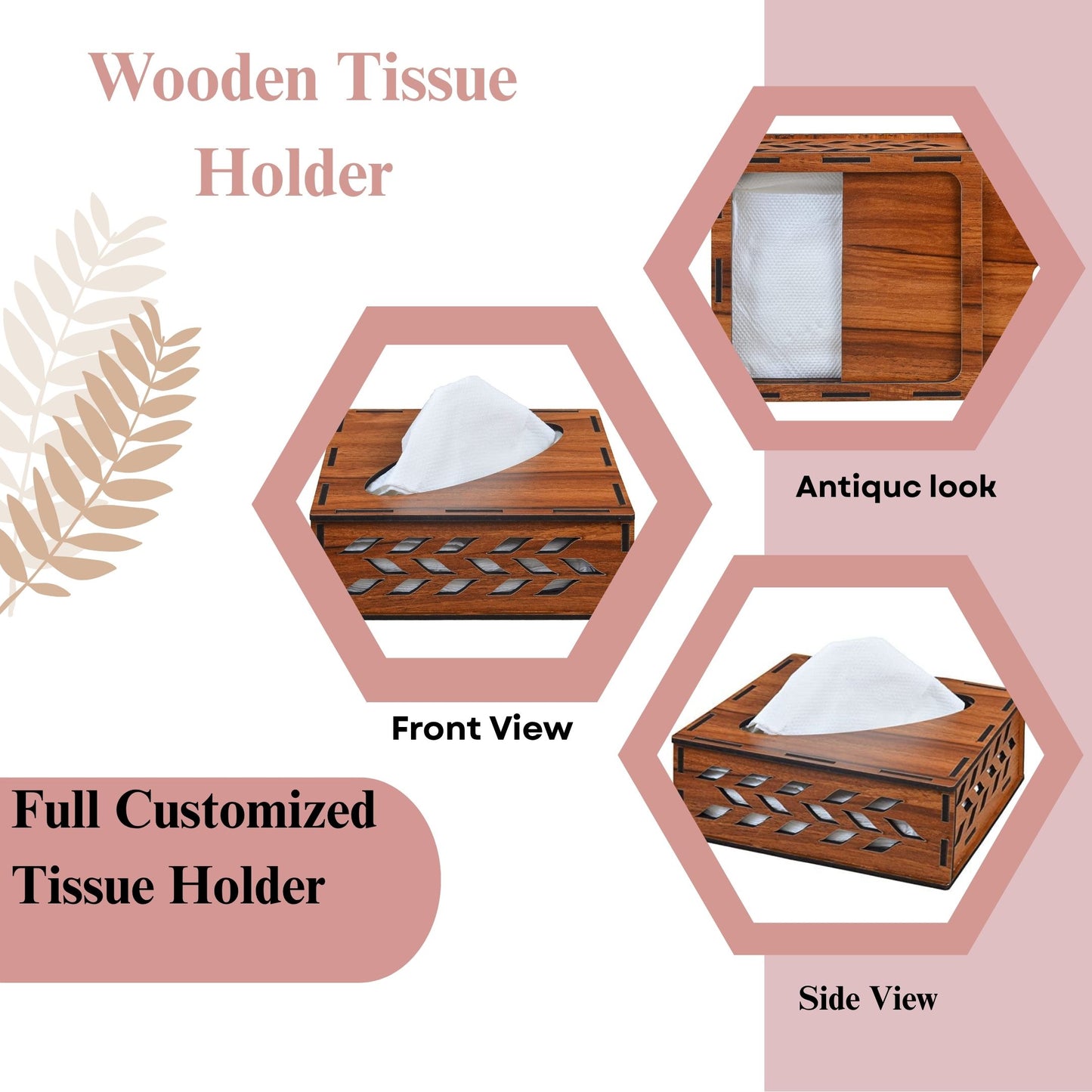 Wooden Tissue Box Holder with Leaf Cutwork Design