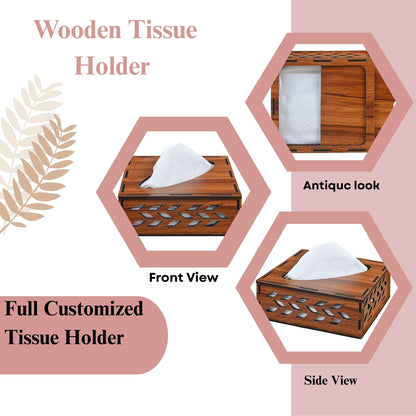 Wooden Tissue Box Holder with Leaf Cutwork Design