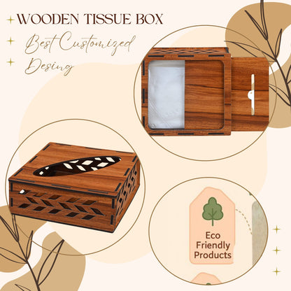 Wooden Tissue Box Holder with Leaf Cutwork Design