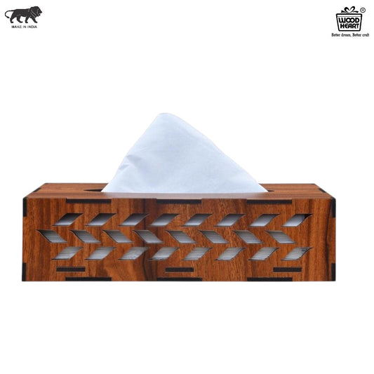 Rectangular Wooden Tissue Box Holder with Leaf Cutwork Design