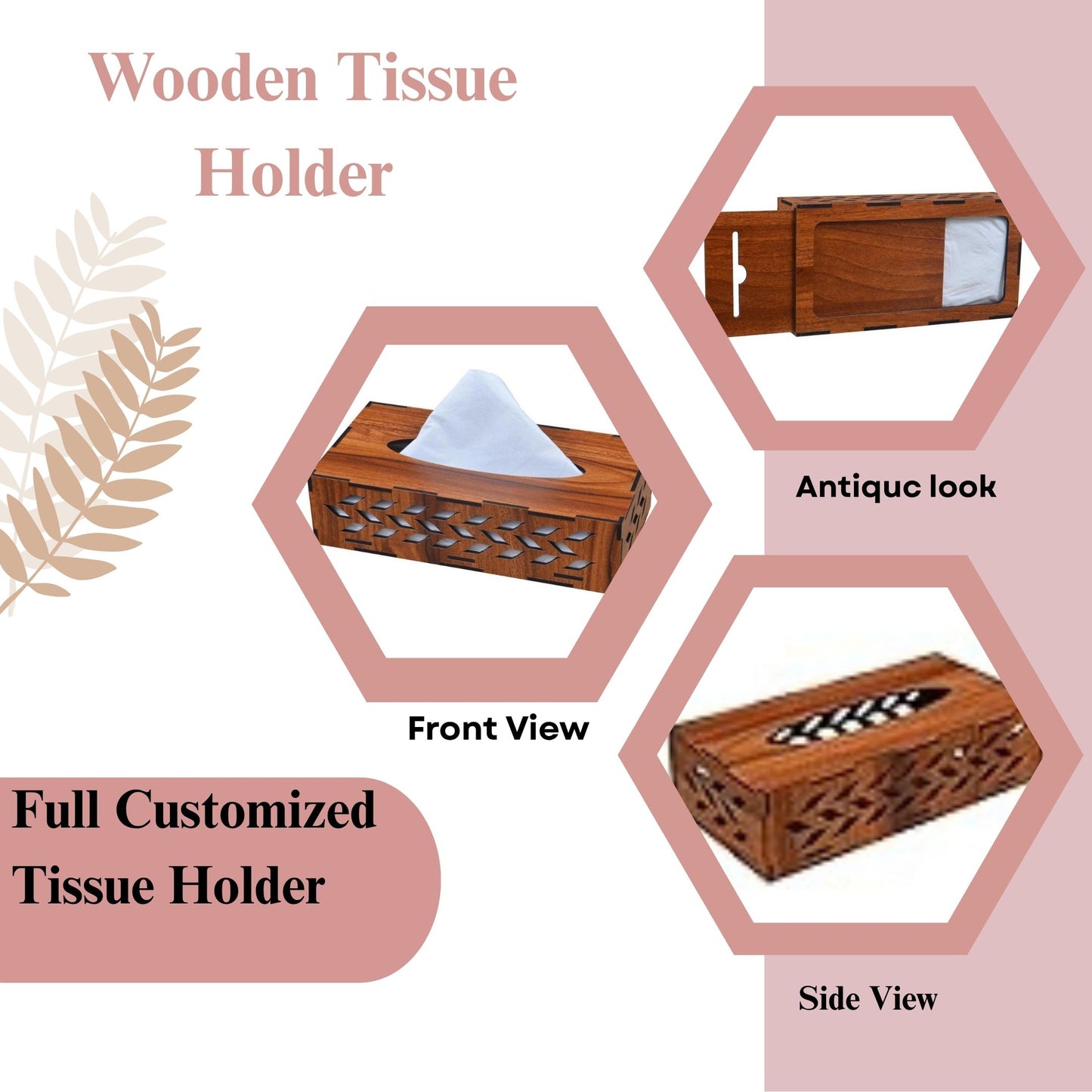 Rectangular Wooden Tissue Box Holder with Leaf Cutwork Design