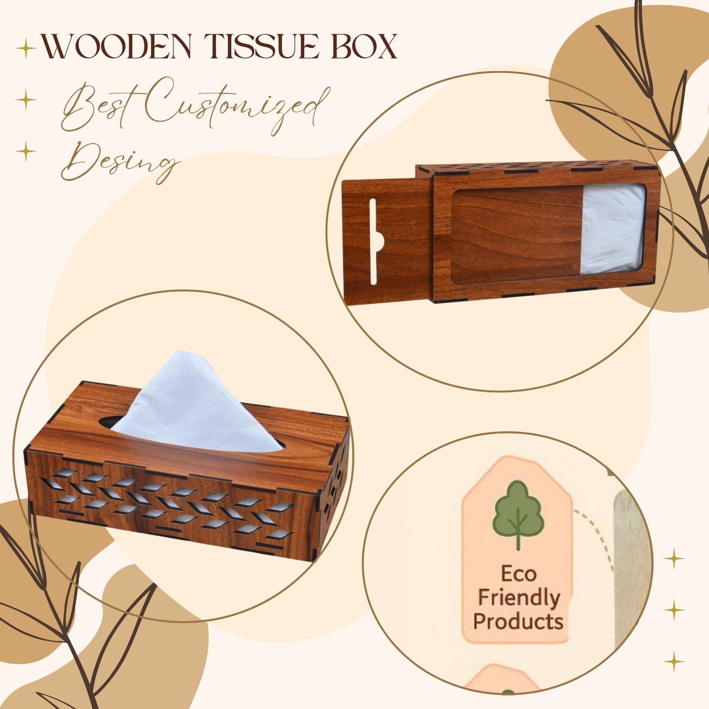 Rectangular Wooden Tissue Box Holder with Leaf Cutwork Design