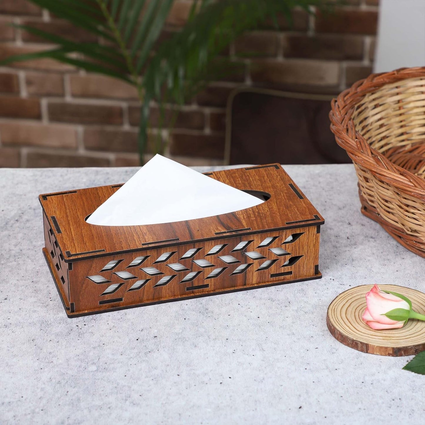 Rectangular Wooden Tissue Box Holder with Leaf Cutwork Design