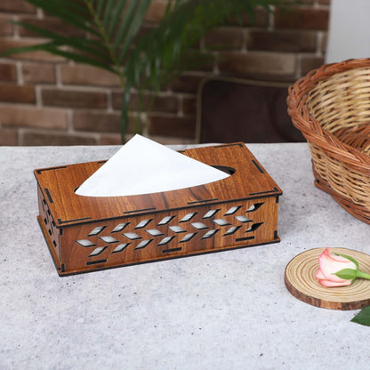 Rectangular Wooden Tissue Box Holder with Leaf Cutwork Design