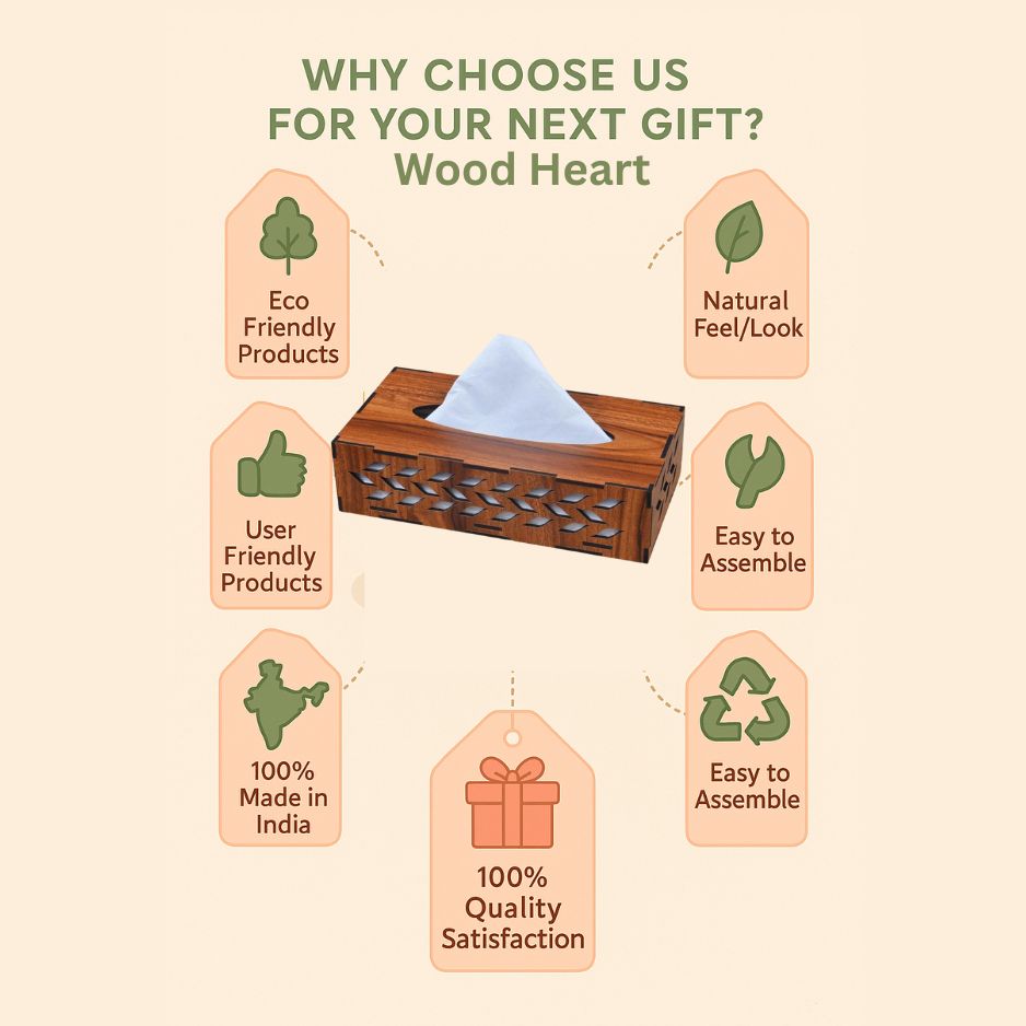 Rectangular Wooden Tissue Box Holder with Leaf Cutwork Design