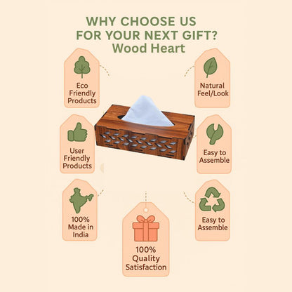 Rectangular Wooden Tissue Box Holder with Leaf Cutwork Design