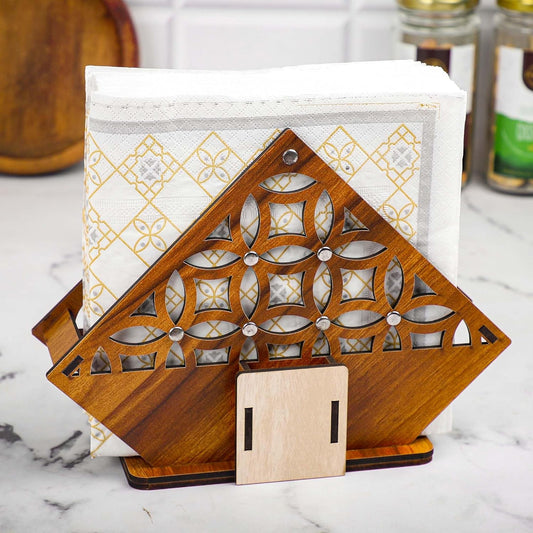 Wooden Geometric Cutwork Napkin & Toothpick Holder