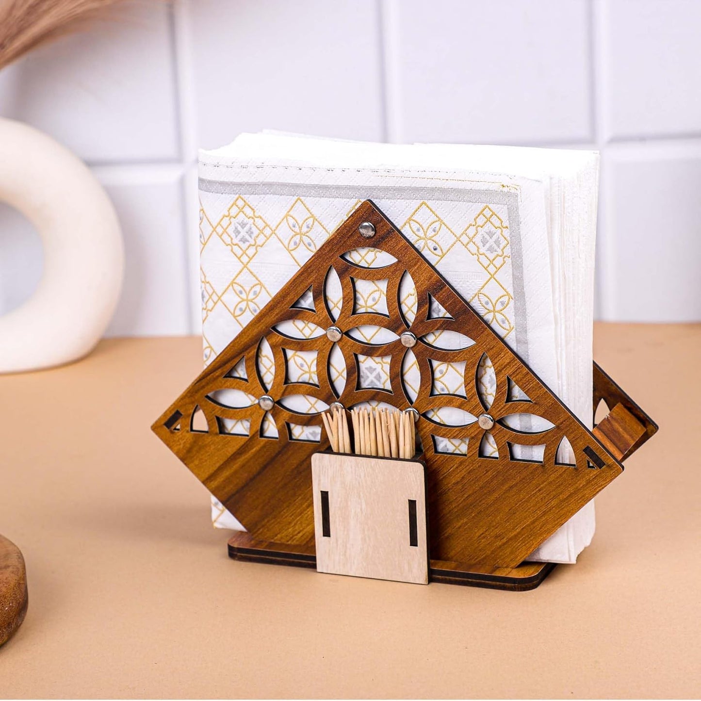 Wooden Geometric Cutwork Napkin & Toothpick Holder