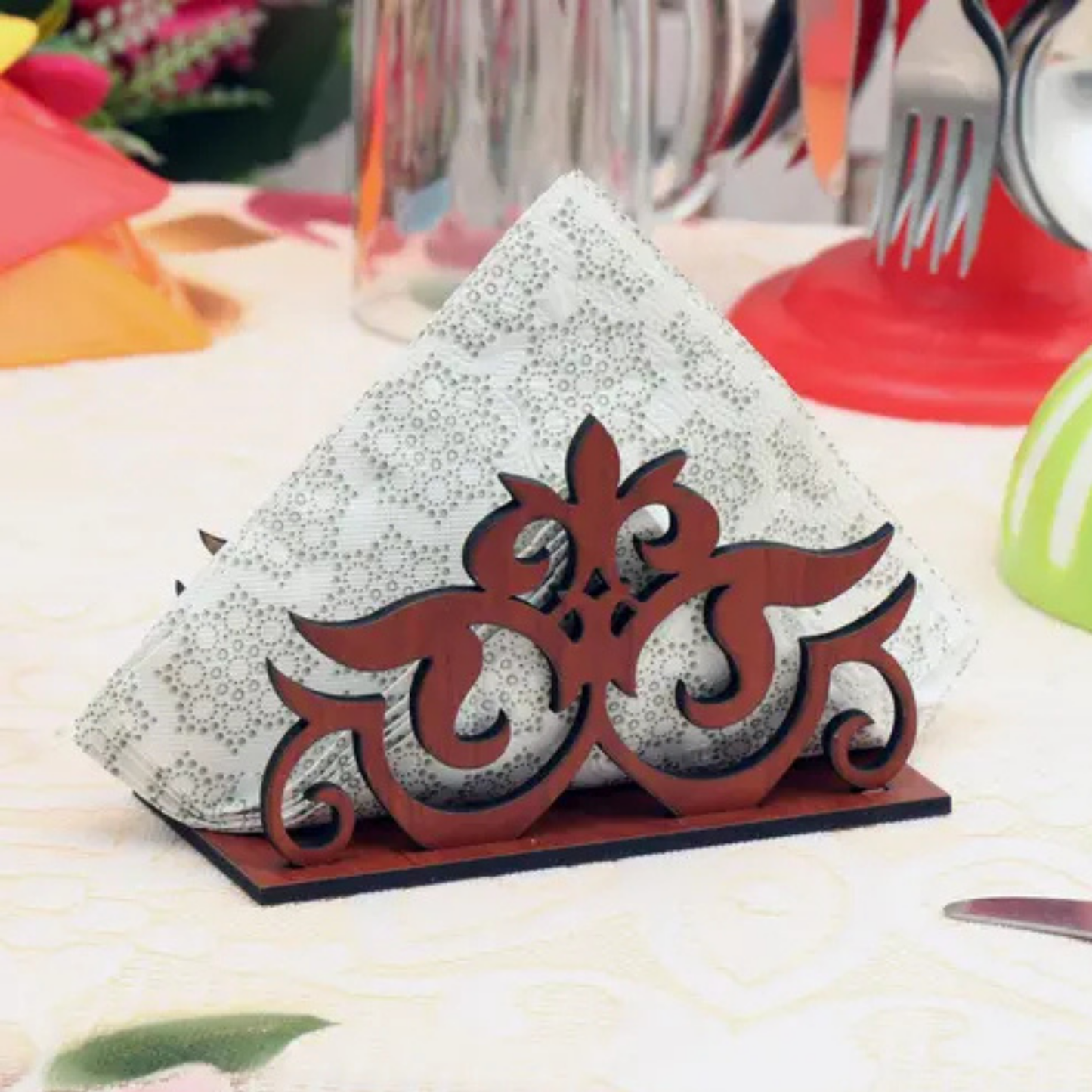 Ornate Wooden Napkin Holder with Decorative Cutwork