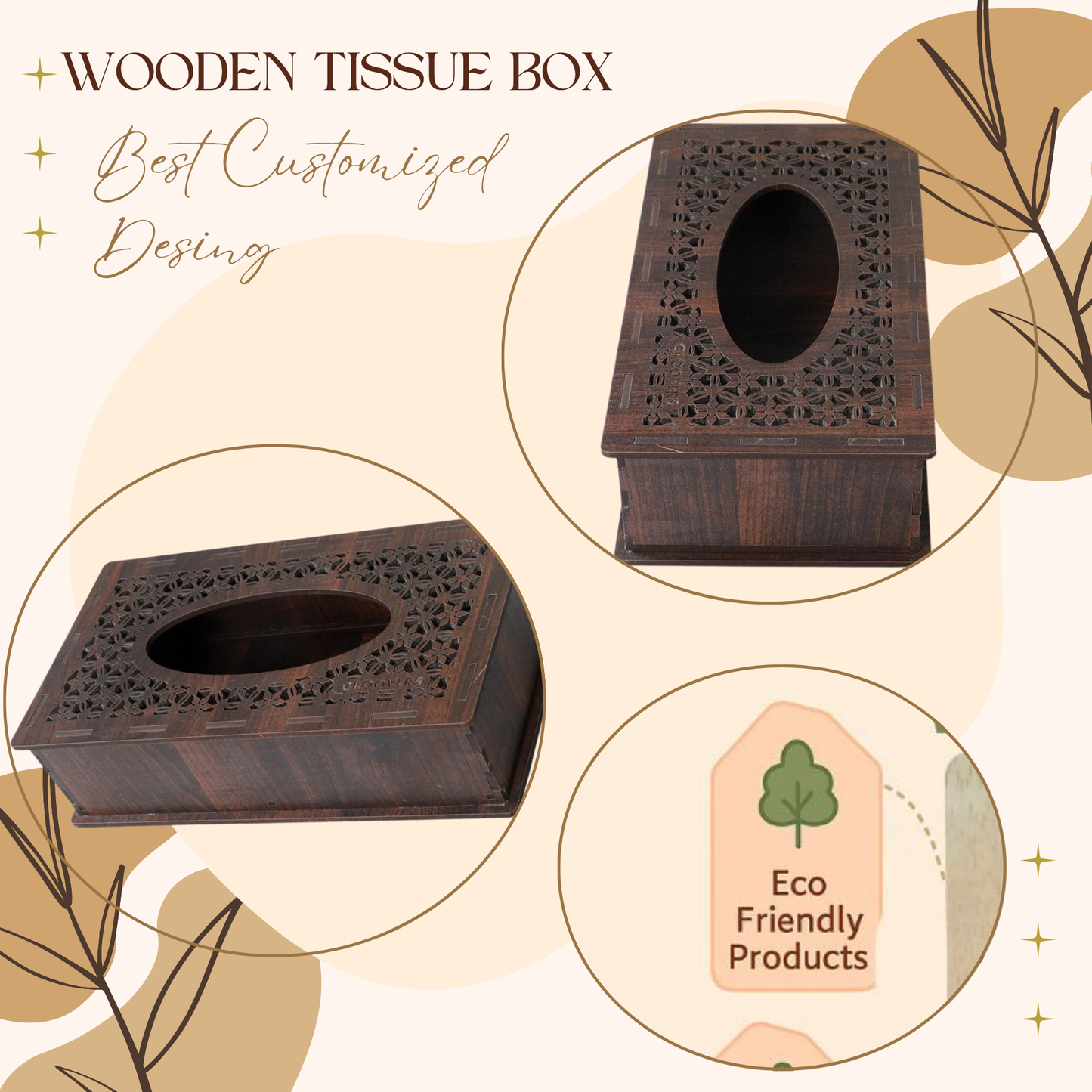 Premium Wooden Tissue Box with Geometric Cutwork Design