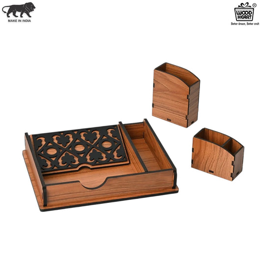 Premium Wooden Office Desk Organizer Set with Decorative Laser Cut Design
