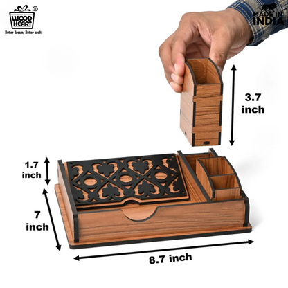 Premium Wooden Office Desk Organizer Set with Decorative Laser Cut Design