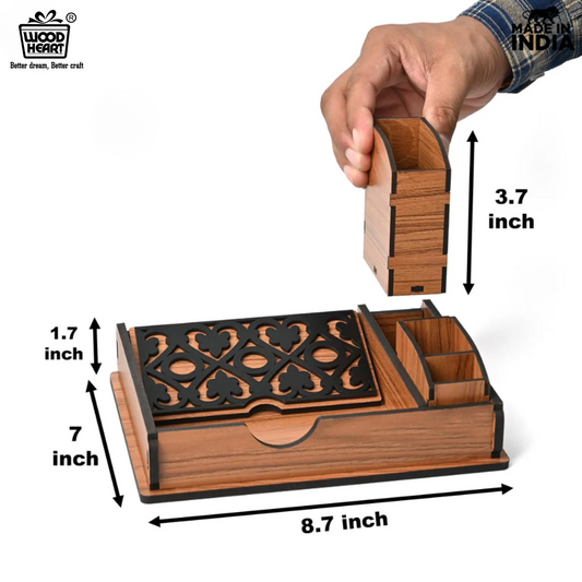 Premium Wooden Office Desk Organizer Set with Decorative Laser Cut Design