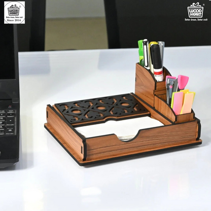 Premium Wooden Office Desk Organizer Set with Decorative Laser Cut Design