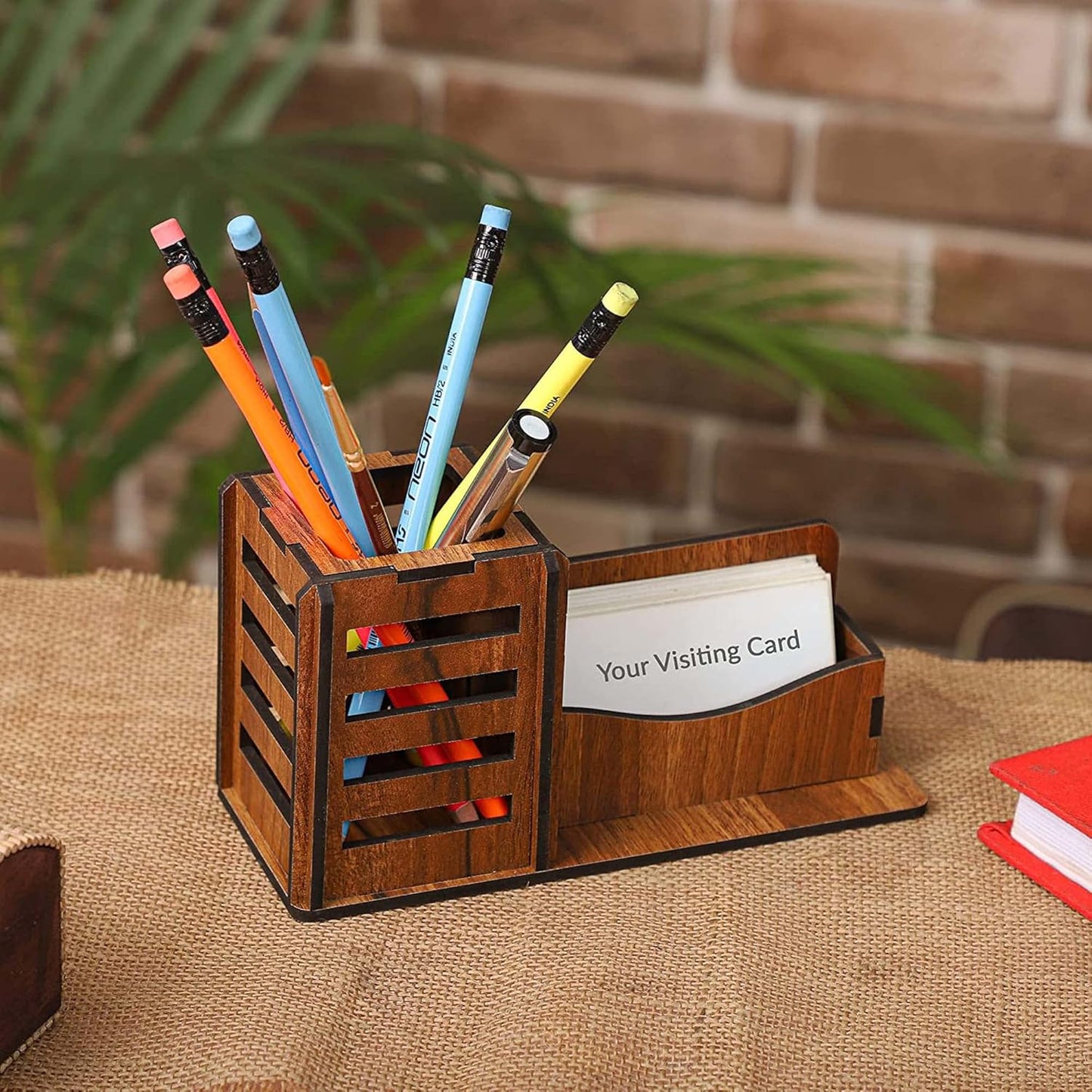WoodHeart Classic Wooden Desk Organizer with Pen Stand & Card Holder