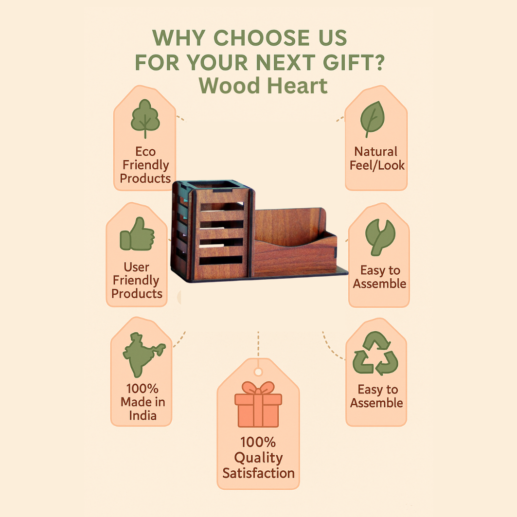 WoodHeart Classic Wooden Desk Organizer with Pen Stand & Card Holder