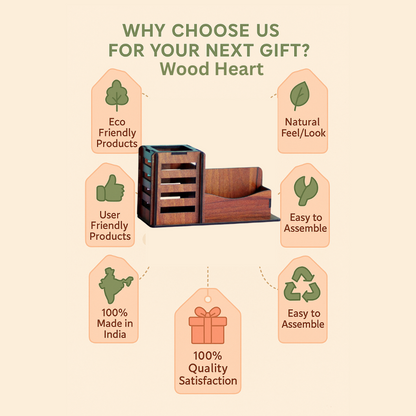 WoodHeart Classic Wooden Desk Organizer with Pen Stand & Card Holder